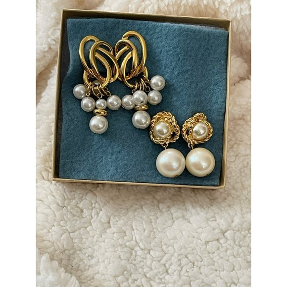 Vintage Gold Tone White Dangle Bead Clip-On Earrings - 2 Pairs - Picture 13 of 13